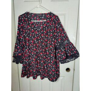 Lane Bryant Black Red Cherry Print Flare Lace Sleeve V-Neck Blouse 18/20